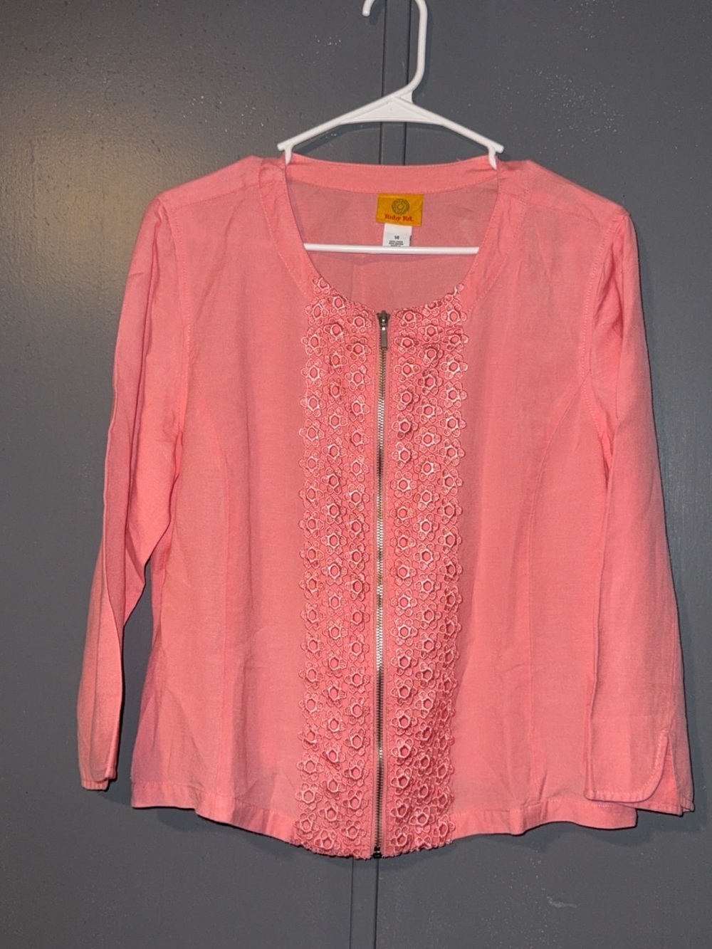 Ruby Red Pink Crochet-Trim Zip Front Women's Top